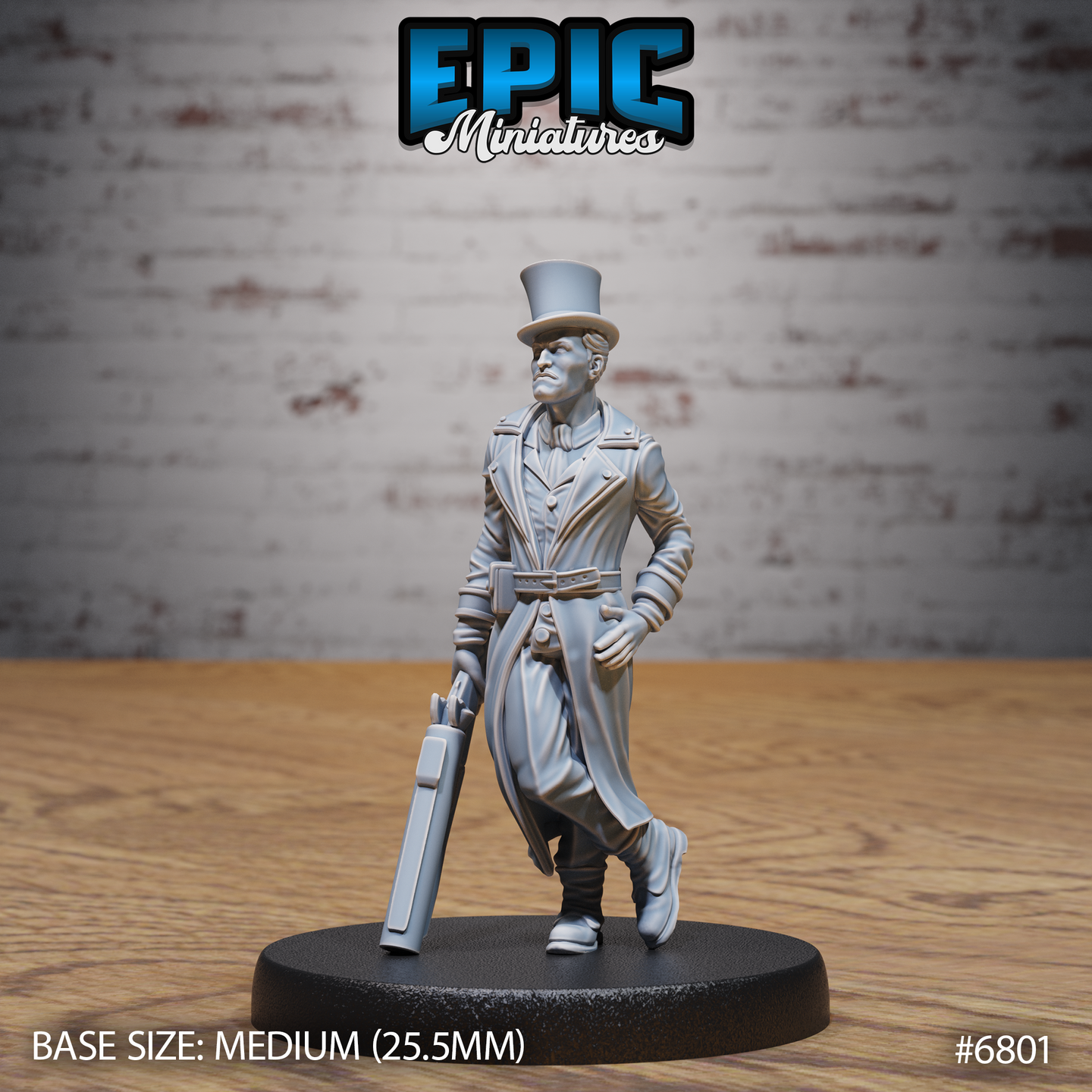 Male detective figure mid-stride, wearing a tall top hat and long belted coat, holding a large-barrelled shotgun loosely at his side. Stern expression, gloved hands. Sculpt by Epic Miniatures.