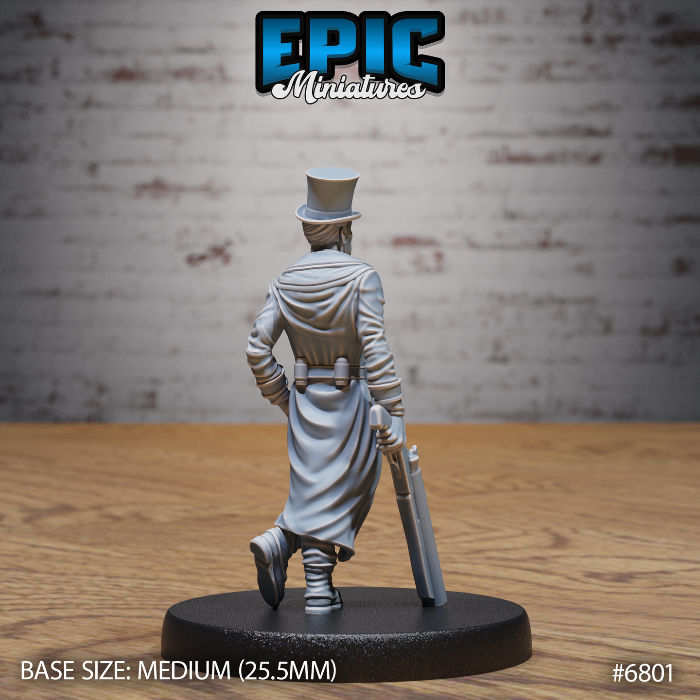 Same detective figure seen from behind, tall top hat and long coat with a draped cloth hanging from the back of his belt, shotgun carried at his side, one leg raised mid-step. Sculpt by Epic Miniatures.