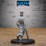 Same detective figure seen from behind, tall top hat and long coat with a draped cloth hanging from the back of his belt, shotgun carried at his side, one leg raised mid-step. Sculpt by Epic Miniatures.