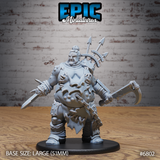 Massive broad-chested mutant brute clutching a short blade in one fist and a hooked chain weapon in the other, snarling expression, arrows and spears jutting from a back-mounted rack, wearing studded bracers and ragged armour scraps. Sculpt by Epic Miniatures.