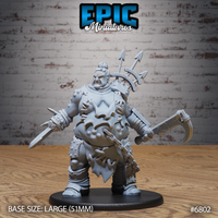 Massive broad-chested mutant brute clutching a short blade in one fist and a hooked chain weapon in the other, snarling expression, arrows and spears jutting from a back-mounted rack, wearing studded bracers and ragged armour scraps. Sculpt by Epic Miniatures.