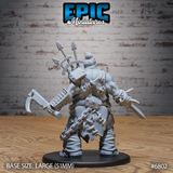 Heavily muscled mutant brute seen from behind, showing a large riveted back plate and weapon rack loaded with arrows and spears, chain weapon in one hand and short blade in the other, ragged tabard and chunky armoured boots. Sculpt by Epic Miniatures.