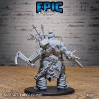 Heavily muscled mutant brute seen from behind, showing a large riveted back plate and weapon rack loaded with arrows and spears, chain weapon in one hand and short blade in the other, ragged tabard and chunky armoured boots. Sculpt by Epic Miniatures.