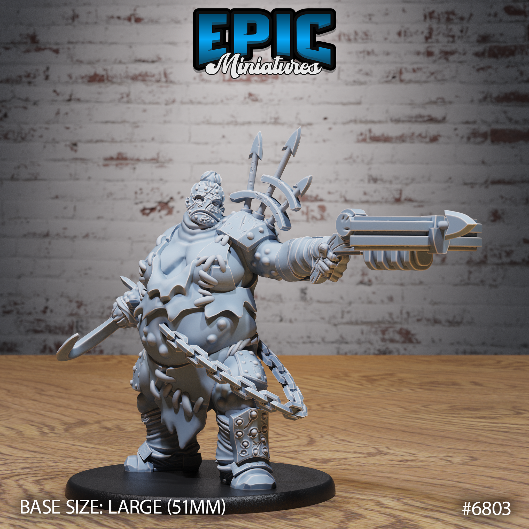 Massive bloated mutant brute standing with a multi-barrelled gun extended in one arm and a heavy chain in the other, studded armour scraps, tumorous skin, and bladed mechanical rods jutting from the back of his skull. Sculpt by Epic Miniatures.