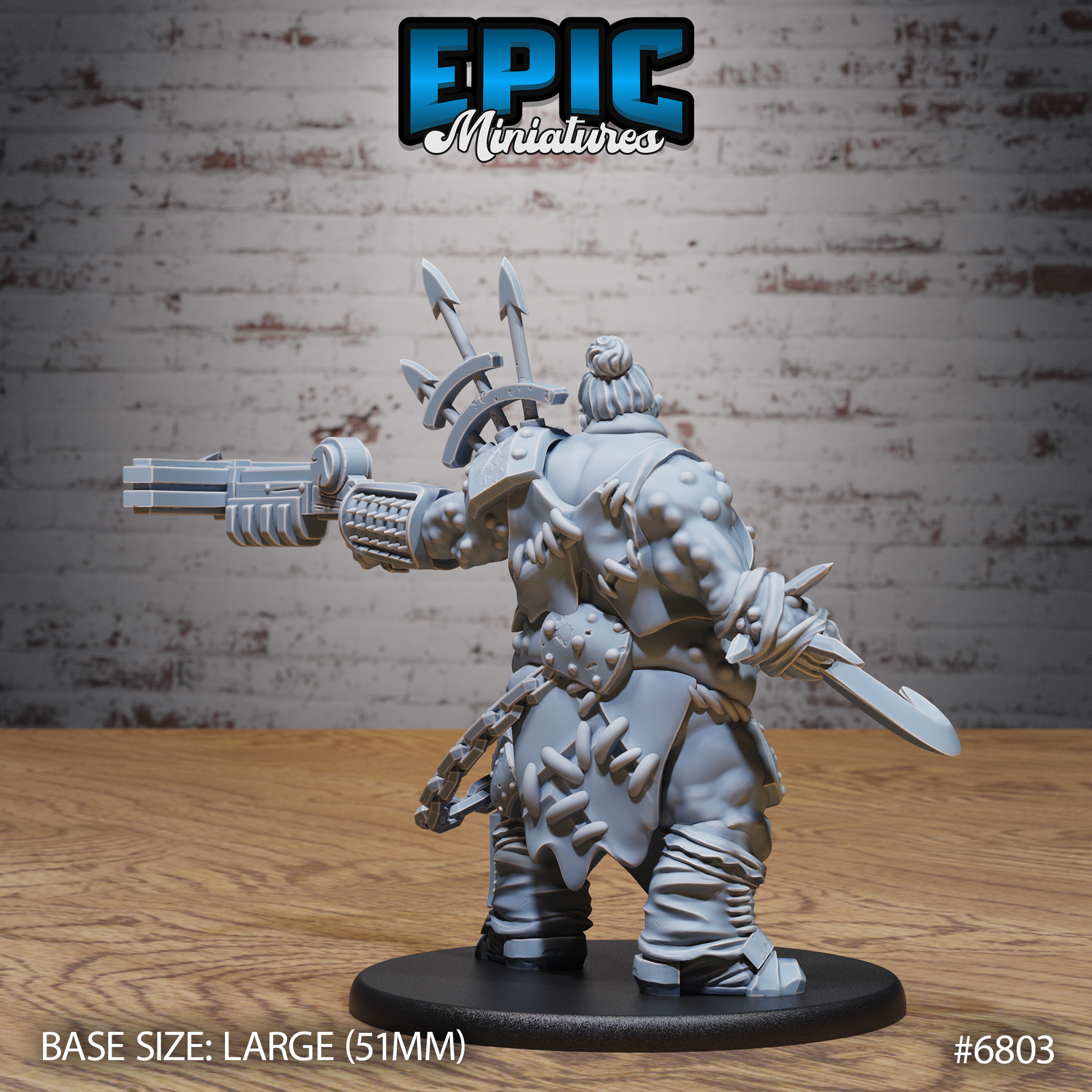 Rear view of a grotesque mutant brute showing the mechanical bolt-and-blade contraption mounted to the back of his skull, a short sword tucked at his side, pockmarked skin with tumorous growths across back and arms, and studded scrap armour. Sculpt by Epic Miniatures.