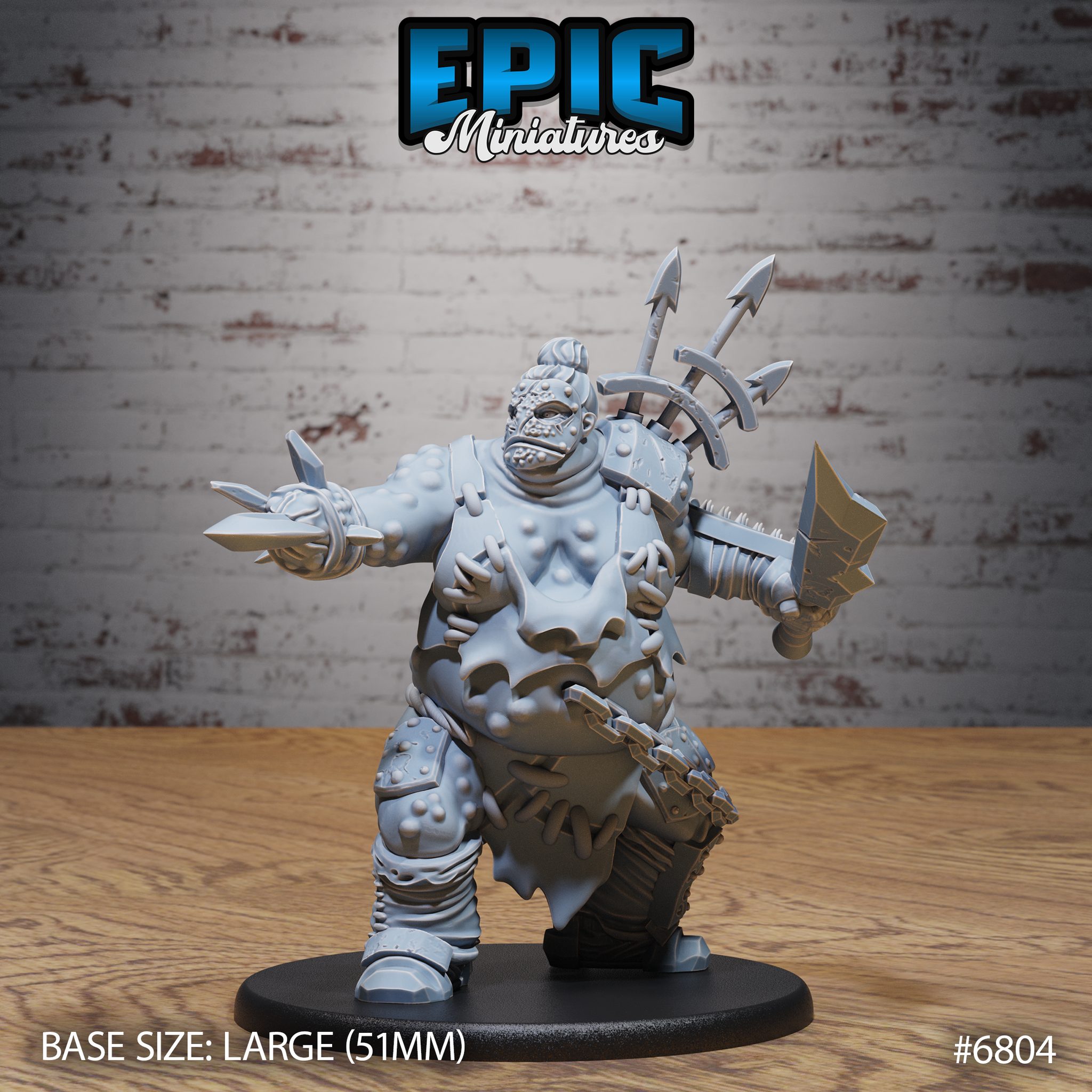 Massive, heavily mutated humanoid with tumorous skin, holding a broad cleaver and a spiked knuckle weapon, with broken arrows jutting from a shoulder pauldron. Sculpt by Epic Miniatures.