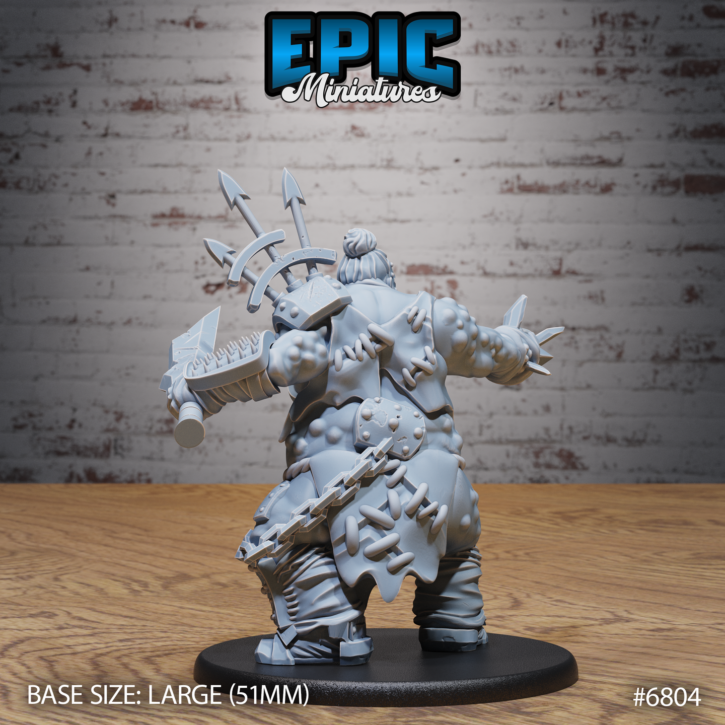 Rear view of a grotesque mutant brute with boil-covered back, layered armour plates, chains, and a topknot, mounted on a large 51mm round base. Sculpt by Epic Miniatures.