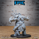 Rear view of a grotesque mutant brute with boil-covered back, layered armour plates, chains, and a topknot, mounted on a large 51mm round base. Sculpt by Epic Miniatures.
