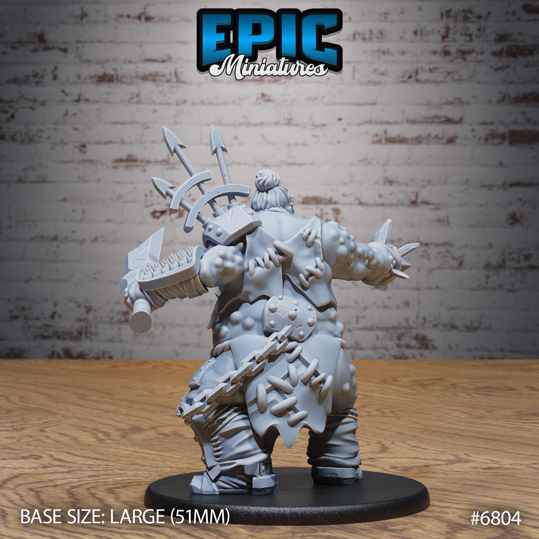 Rear view of a grotesque mutant brute with boil-covered back, layered armour plates, chains, and a topknot, mounted on a large 51mm round base. Sculpt by Epic Miniatures.