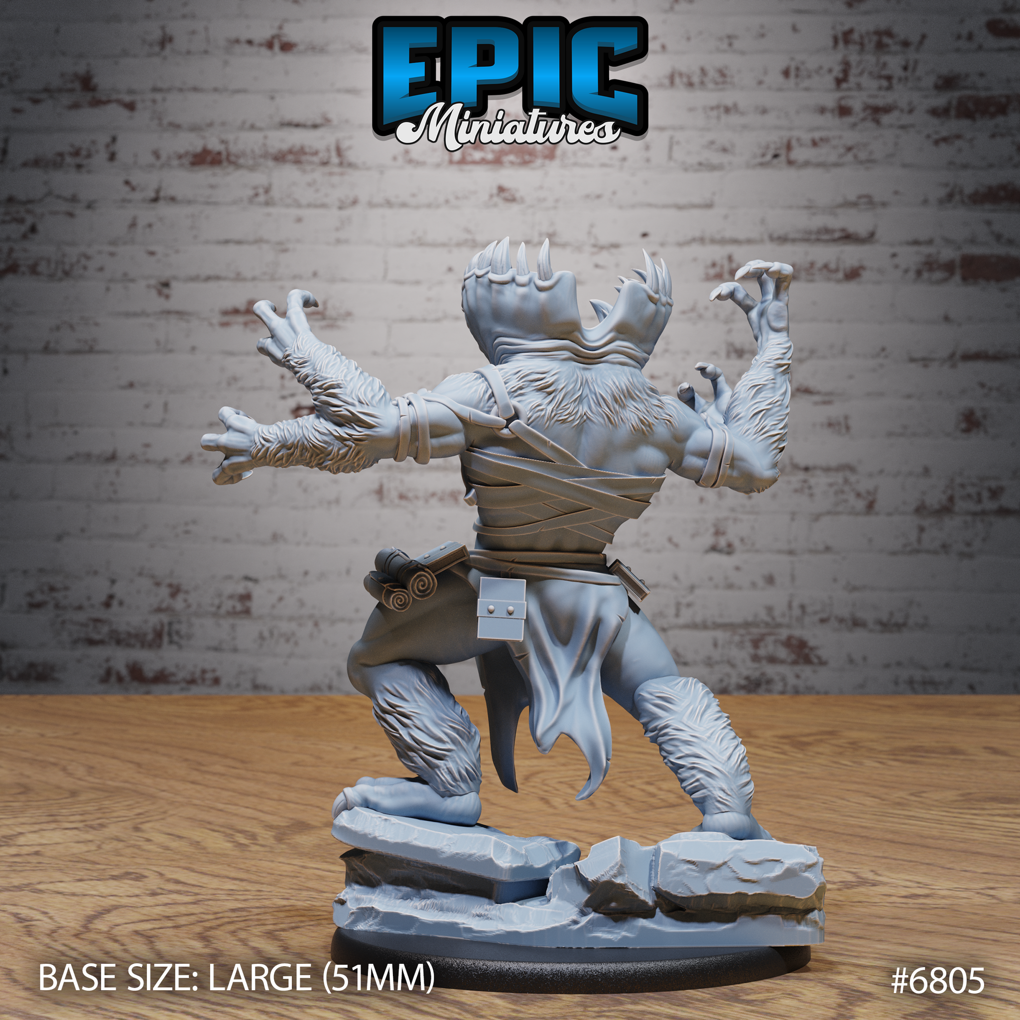 Gug Abomination miniature by Epic Miniatures — rear view showing broad furry back, four outstretched arms with splayed claws, bandaged torso, fur-covered lower legs, and a sculpted rocky scenic base.