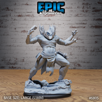 Gug Abomination miniature by Epic Miniatures — angled view showing the creature in a wide-legged crouch, one arm raised in a fist, the other reaching outward, chest-mouth open, fur and bandage textures prominent throughout.