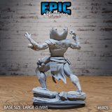 Gug Abomination miniature by Epic Miniatures — angled view showing the creature in a wide-legged crouch, one arm raised in a fist, the other reaching outward, chest-mouth open, fur and bandage textures prominent throughout.