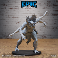 Gug Abomination miniature by Epic Miniatures: a large hunched creature lunging forward with both clawed arms raised and splayed wide. Dense fur covers the lower limbs and upper mane. A spined crest runs across the shoulders. The creature wears a wrapped cloth kilt and a utility belt with scroll cases. Base size is large, 51mm.