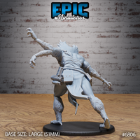 Gug Abomination miniature by Epic Miniatures seen from behind: the broad furry back and spinal crest are prominent, with one long arm raised and talons extended. The cloth kilt flows to one side. A small pouch and scroll case hang from the belt. The legs are heavily furred with large taloned feet gripping the large round base.