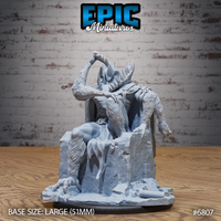 Gug Abomination seated on a crumbling stone throne, one arm raised with splayed claws, fur-covered torso with jagged spine protrusions, bony toothed crown instead of a face. Sculpt by Epic Miniatures.