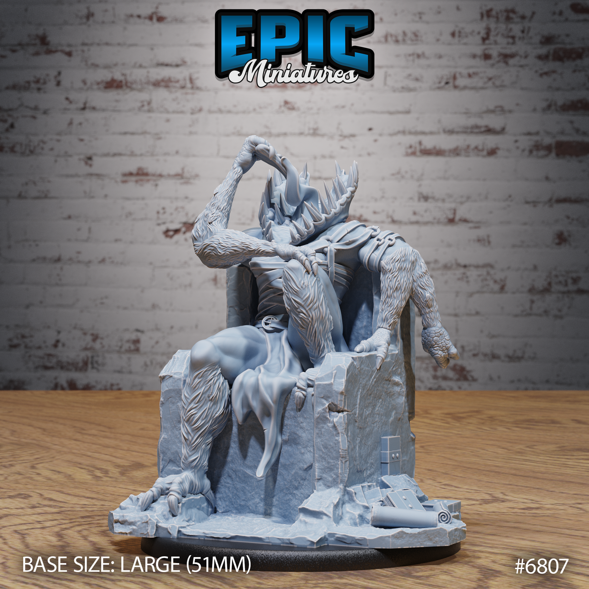 Gug Abomination seated on a crumbling stone throne, one arm raised with splayed claws, fur-covered torso with jagged spine protrusions, bony toothed crown instead of a face. Sculpt by Epic Miniatures.