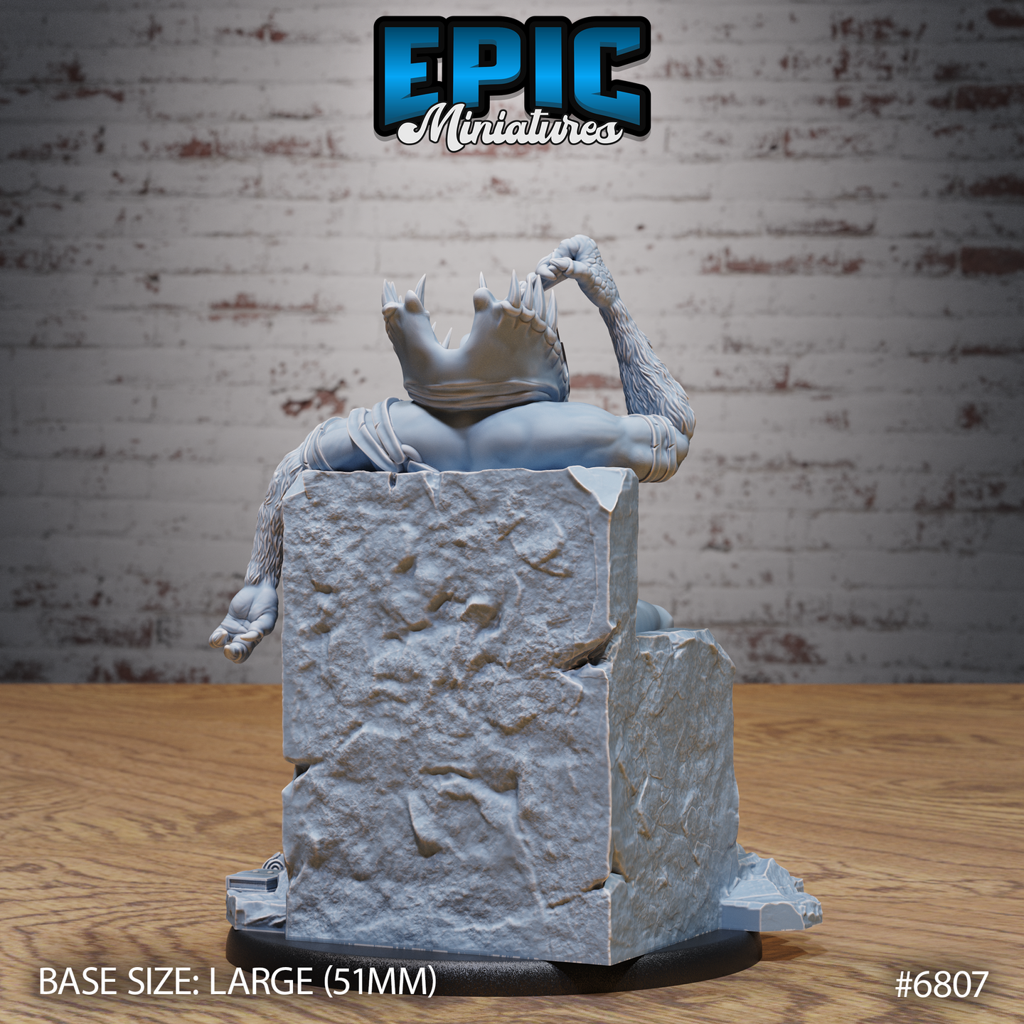 Gug Abomination viewed from behind on a collapsed stone block throne, showing the heavily textured fur-covered back, bony spine protrusions, and clawed hand raised overhead. Sculpt by Epic Miniatures.