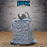 Gug Abomination viewed from behind on a collapsed stone block throne, showing the heavily textured fur-covered back, bony spine protrusions, and clawed hand raised overhead. Sculpt by Epic Miniatures.