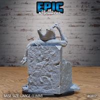 Gug Abomination viewed from behind on a collapsed stone block throne, showing the heavily textured fur-covered back, bony spine protrusions, and clawed hand raised overhead. Sculpt by Epic Miniatures.