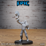 Long-haired male brawler raising a large segmented mechanical crusher arm overhead, wearing a studded jacket, spiked shoulder collar, and skull-adorned knee armour. Sculpt by Epic Miniatures.