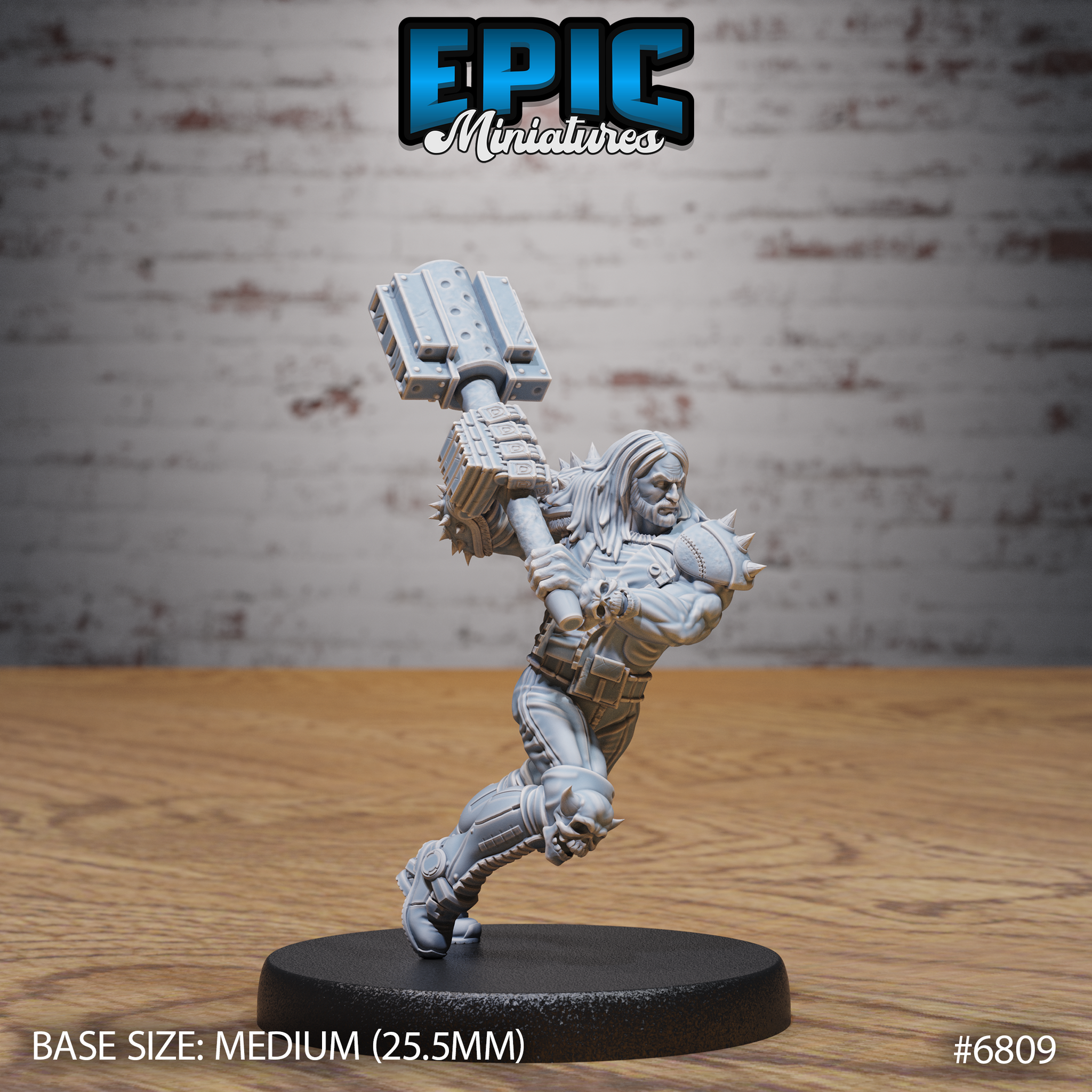 Long-haired broad-shouldered warrior mid-charge, swinging a massive bolted mechanical maul overhead with both hands. Spiked pauldrons, layered armour, skull kneepads, one leg raised. Sculpt by Epic Miniatures.
