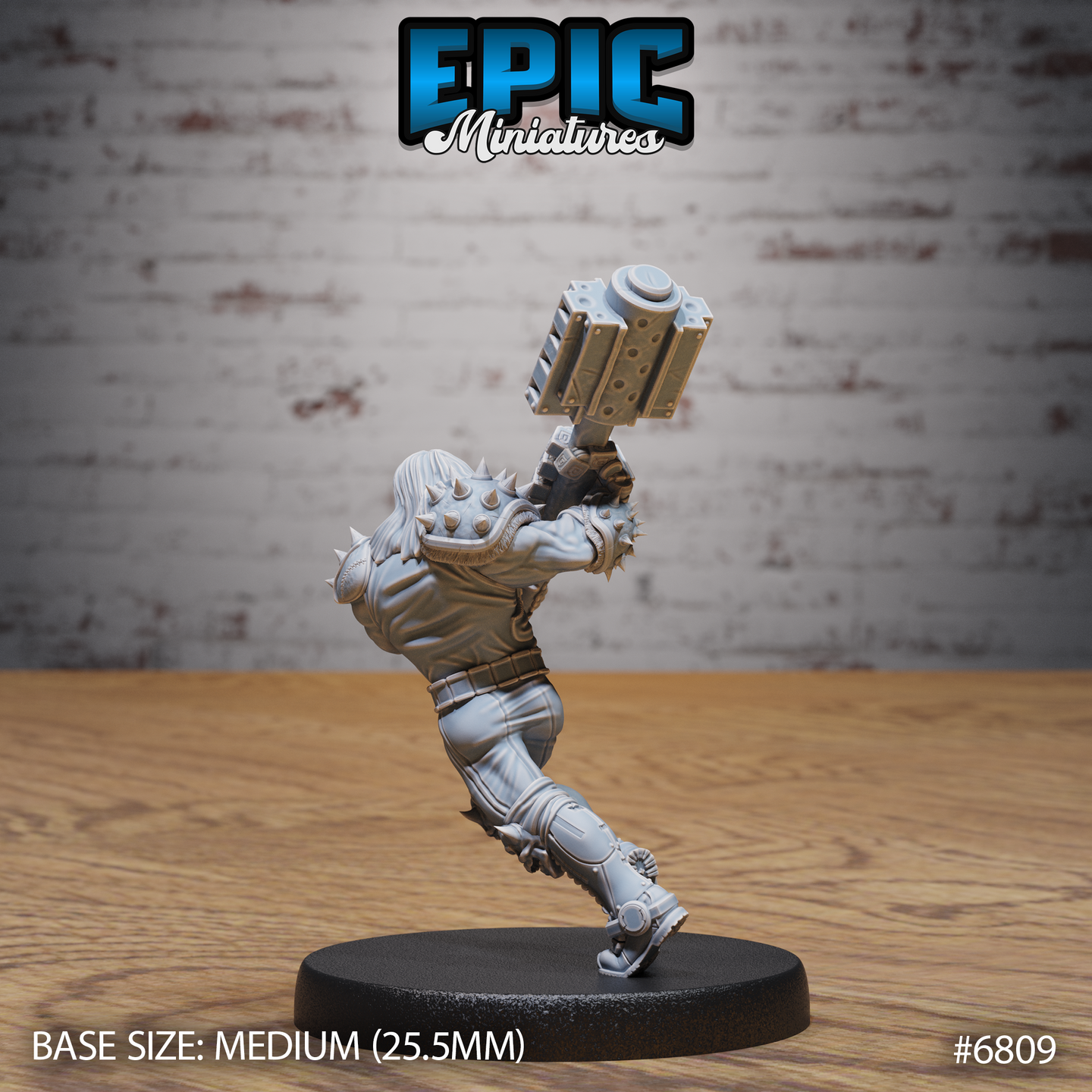 Rear view of a muscular warrior in spiked shoulder armour lunging forward, raising a heavy riveted mechanical hammer above his head. Layered back armour and wild streaming hair visible. Sculpt by Epic Miniatures.