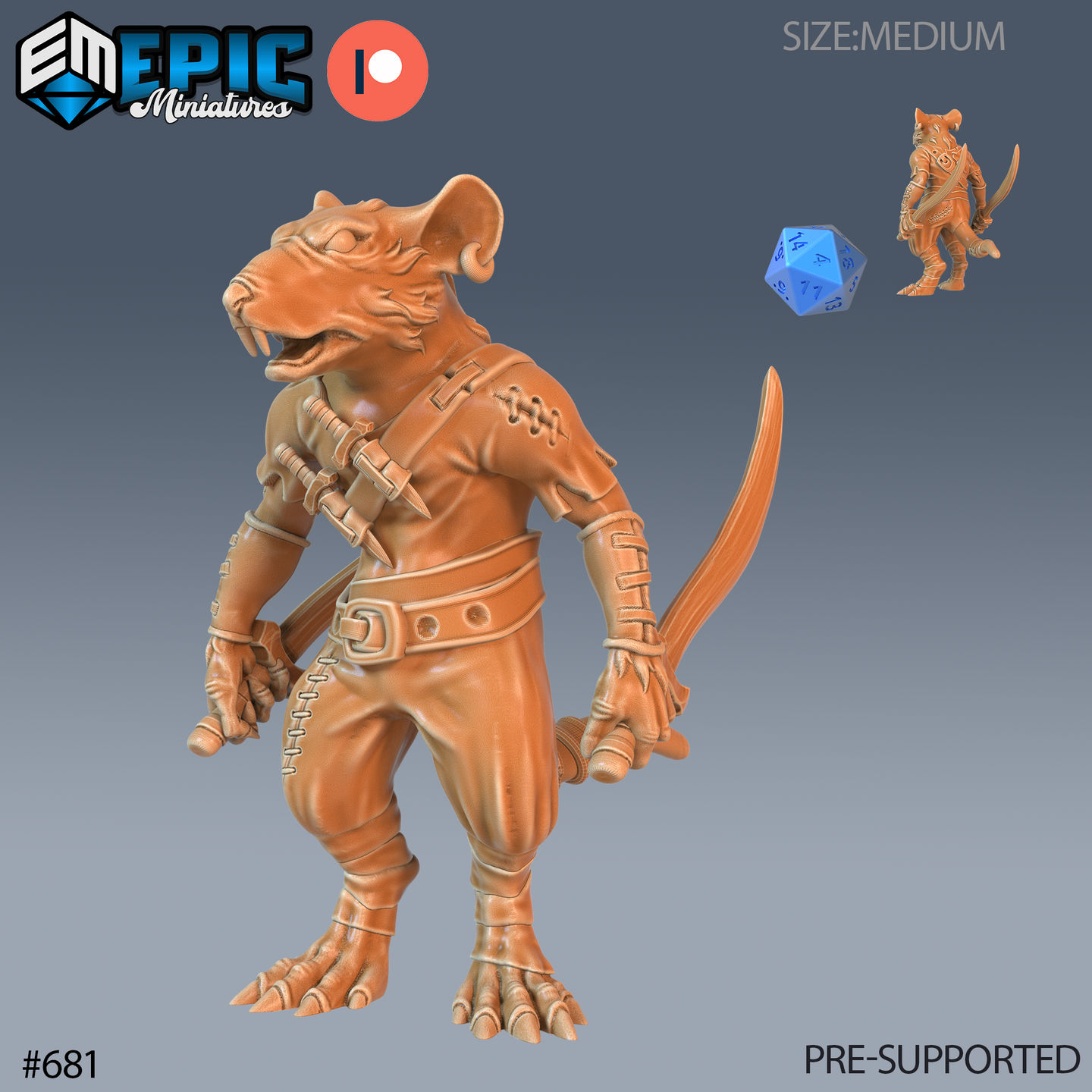 Digital render of an unpainted resin Rat Warrior miniature by Epic Miniatures — a bipedal ratfolk fighter standing upright, wearing stitched leather armour with a buckled belt, twin daggers strapped to the chest, and curved short sword held at low guard in the right hand. Bare clawed feet, leather bracers, and a swept-back tail. Scale reference inset shows a small full-body thumbnail alongside a blue d20.