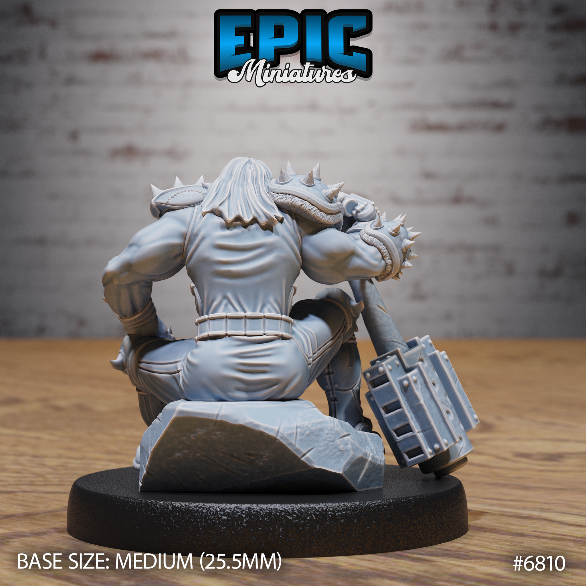 Heavily muscled male warrior seen from behind in a crouching stance, spiked pauldrons prominent, long hair cascading down the back, holding a reinforced double-headed maul resting on a rough stone slab base. Sculpt by Epic Miniatures.