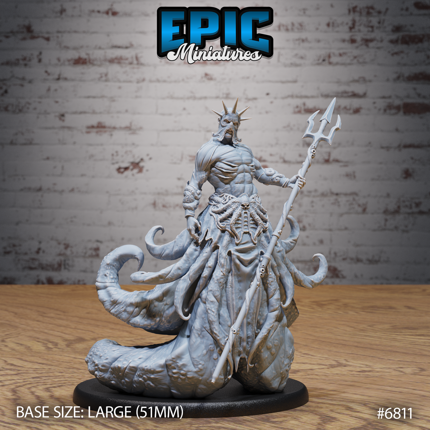 Imposing tentacled humanoid standing upright, bare-chested with a spiked crown, holding an ornate trident aloft. Lower body dissolves into sprawling octopus tentacles across a wide scenic base. Sculpt by Epic Miniatures.