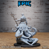 Rear view of a bare-chested tentacled high priest gripping a trident, spiked crown visible, with a mass of thick curling octopus tentacles spreading across a large scenic base. Sculpt by Epic Miniatures.