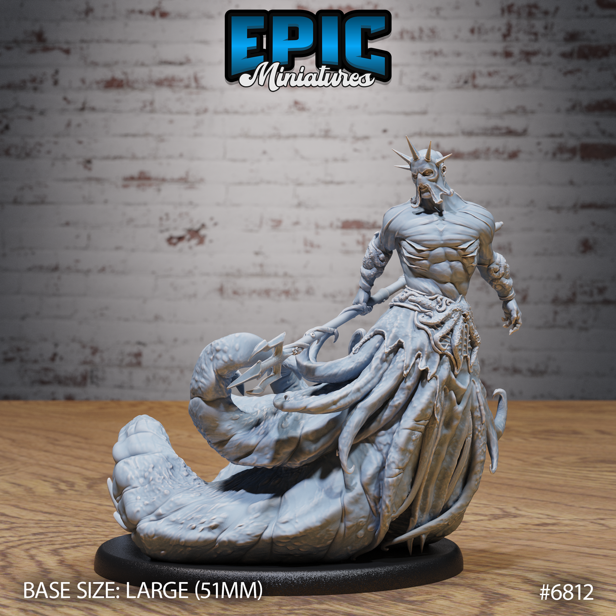 Muscular spiked-helmed humanoid with tentacled lower body, reaching forward with clawed hand, coiling tentacles spread across a sculpted scenic base. Sculpt by Epic Miniatures.