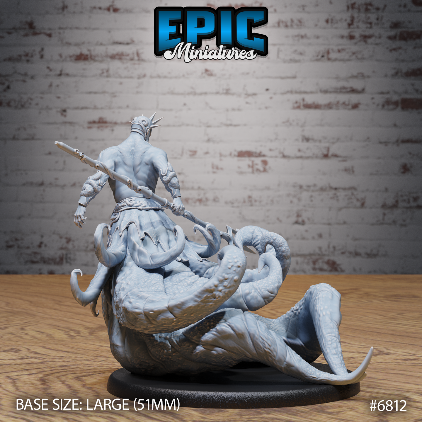 Same spiked-helmed humanoid seen from behind, staff held in one raised hand, tentacles and serpentine coils sprawling across the sculpted base beneath him. Sculpt by Epic Miniatures.
