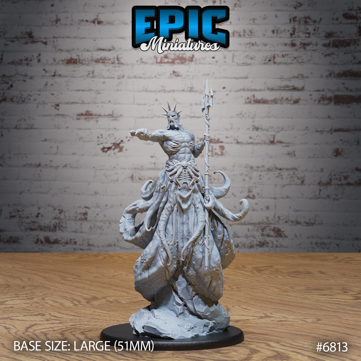 Muscular humanoid high priest with spiked crown, raising one arm outward with fingers splayed, holding a tall spear. Lower body dissolves into large sculpted tentacles coiling around the base. Sculpt by Epic Miniatures.