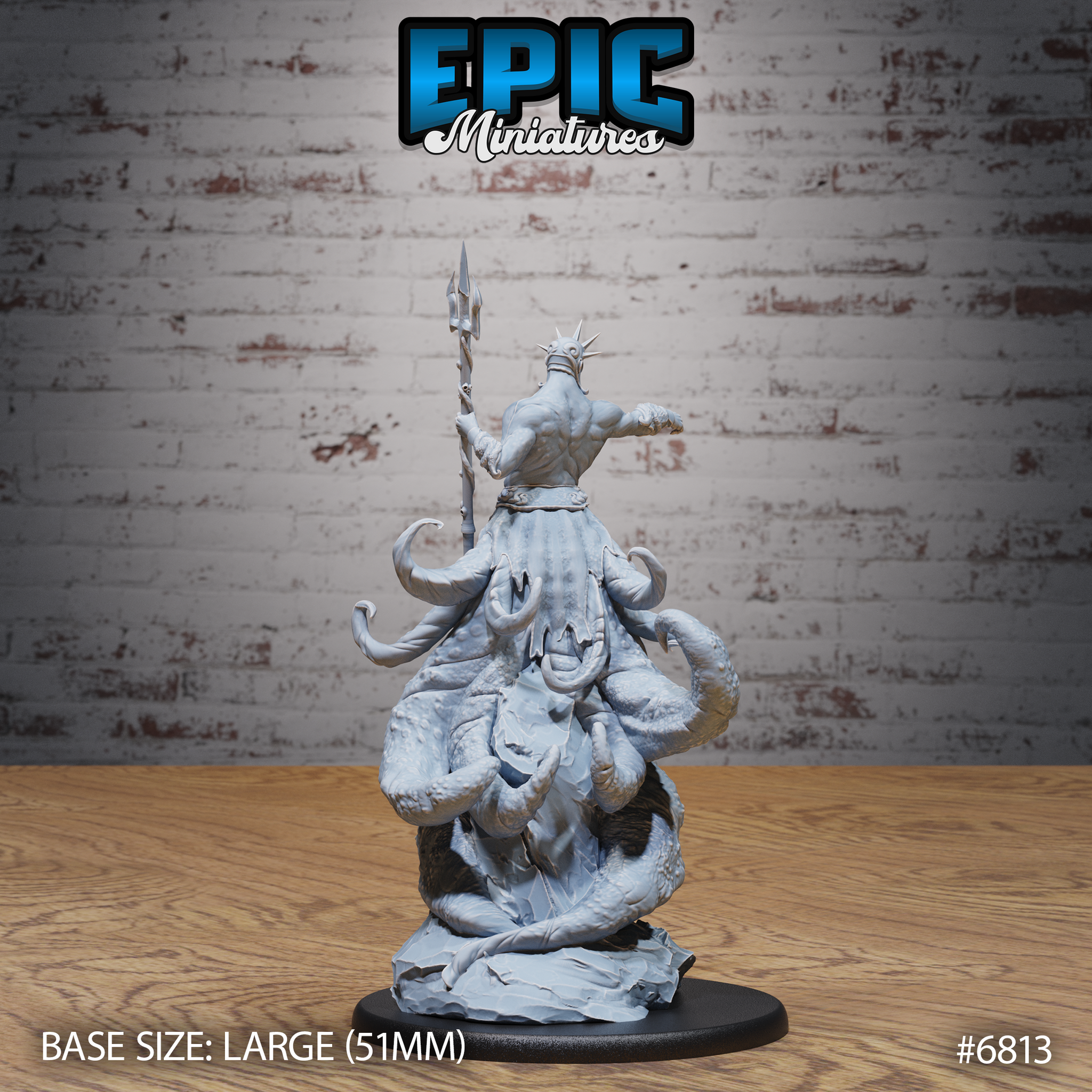 High priest figure viewed from behind, spiked crown and upright spear visible, broad muscular back tapering into a mass of tentacles spreading across the scenic rocky base. Sculpt by Epic Miniatures.