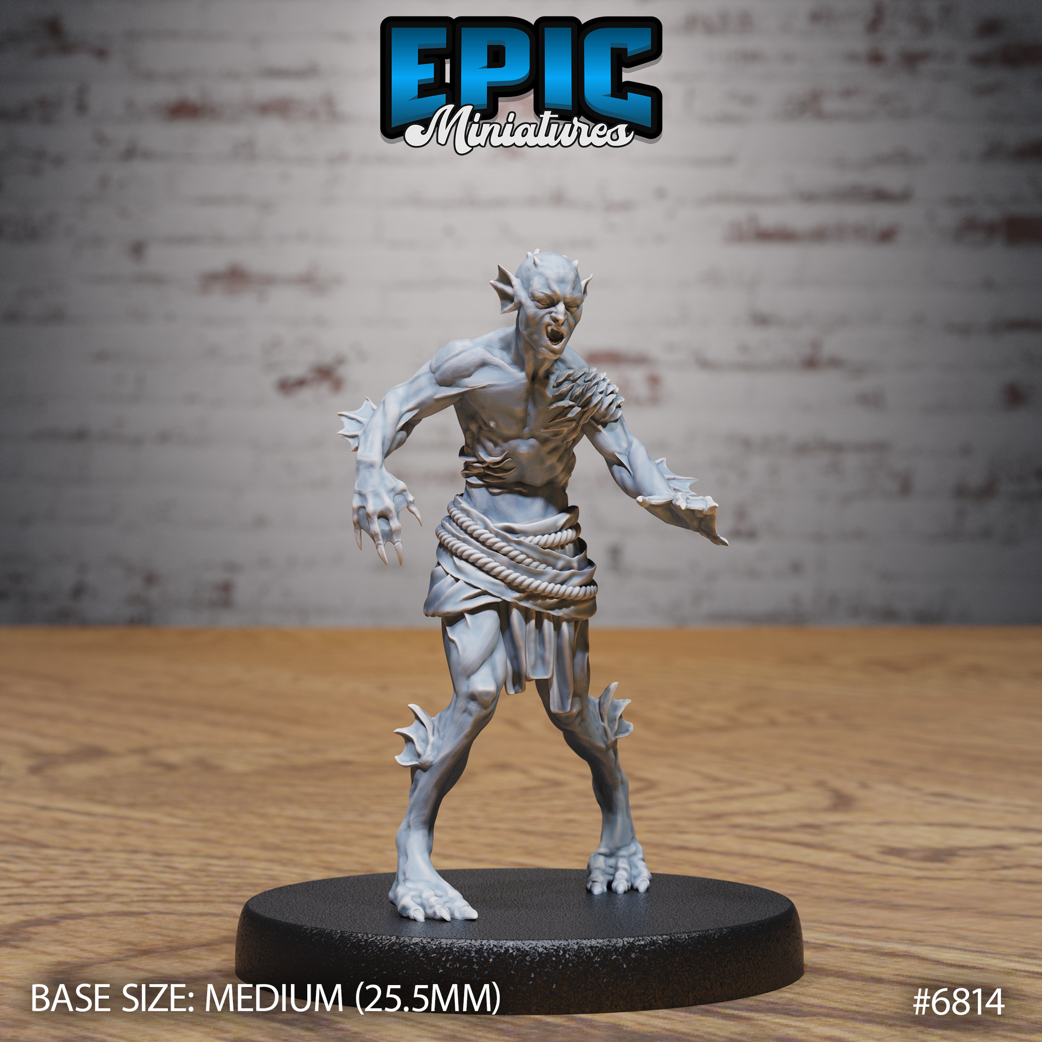 Deep One Spawn by Epic Miniatures — snarling humanoid creature leaning forward aggressively, jaw open wide, long clawed hands splayed, bony spines across shoulders, rope loincloth at waist, webbed taloned feet.