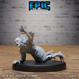 Deep One Spawn Crawling by Epic Miniatures — humanoid creature in a low crawling pose, one webbed clawed arm raised and splayed, mouth open in a snarl, coiled serpentine lower body with ropy sinew texture.