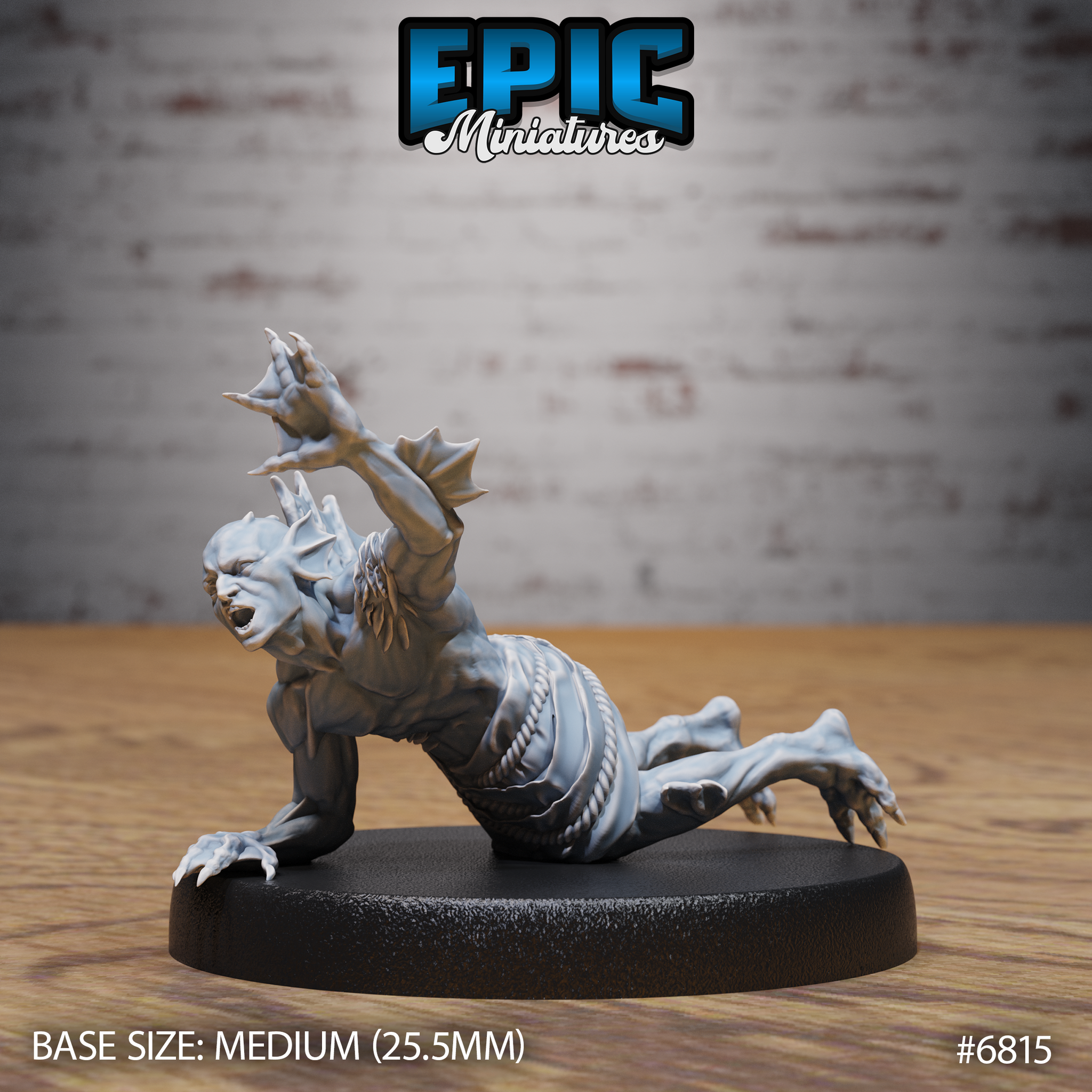Deep One Spawn Crawling by Epic Miniatures — humanoid creature in a low crawling pose, one webbed clawed arm raised and splayed, mouth open in a snarl, coiled serpentine lower body with ropy sinew texture.