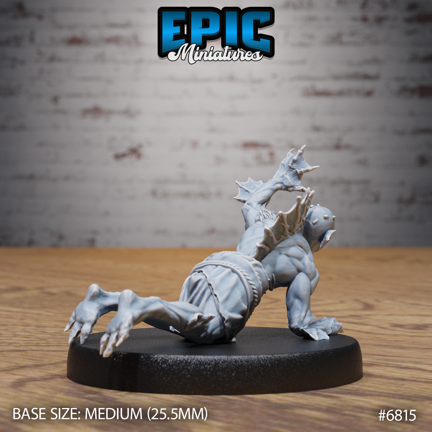 Deep One Spawn Crawling by Epic Miniatures — rear view showing webbed finned hand raised overhead, muscular torso with scaled texture, serpentine coiled lower body, and splayed clawed feet braced on the base.
