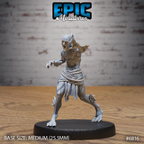 Snarling deep one creature in a wide aggressive stance, clawed hands raised, bony head crest, rope-wrapped loincloth, clawed feet with ankle spurs. Sculpt by Epic Miniatures.