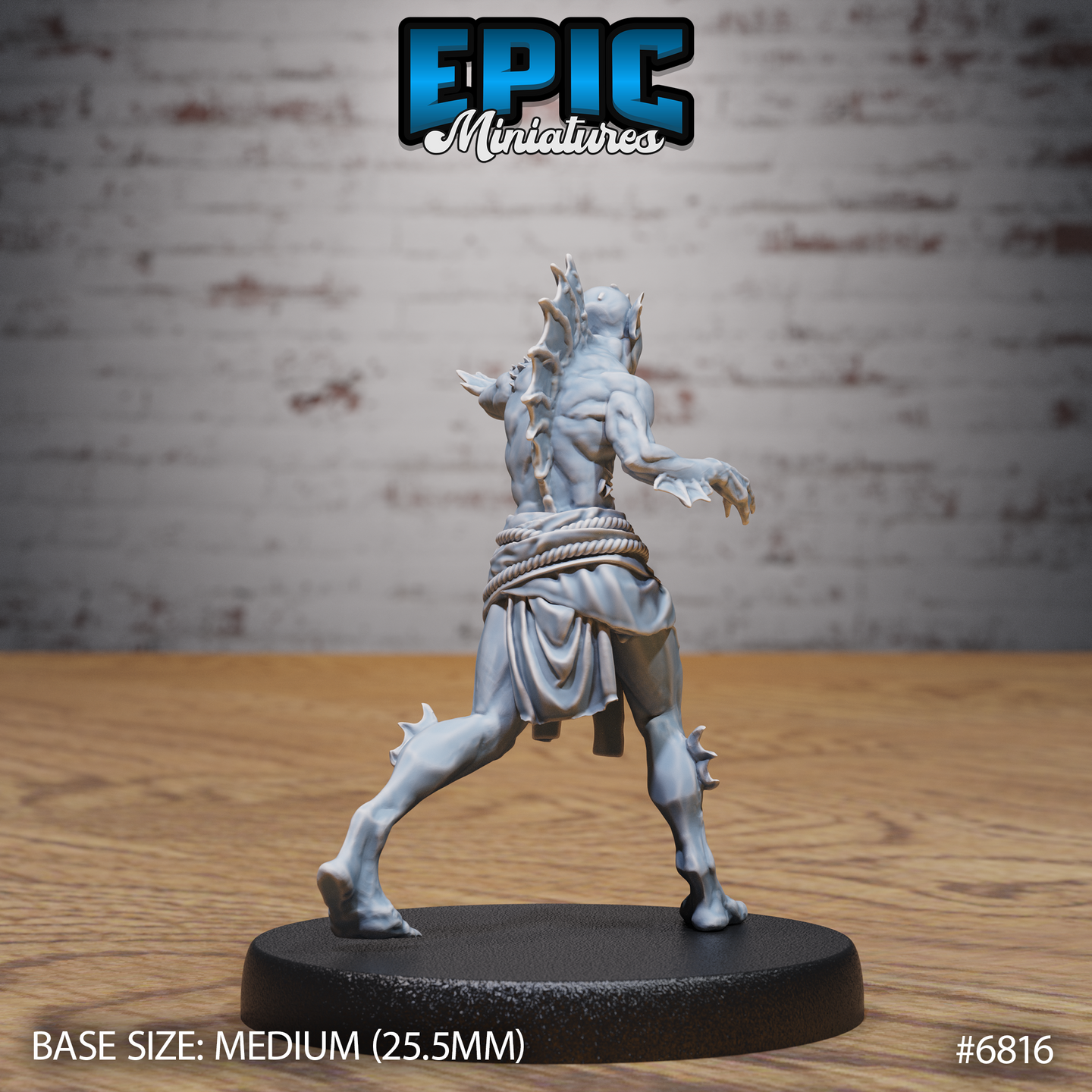 Deep one spawn from behind, bony dorsal spines rising from the skull, webbed clawed hands outstretched, rope-cinched waist, muscular lean frame with leg spurs. Sculpt by Epic Miniatures.