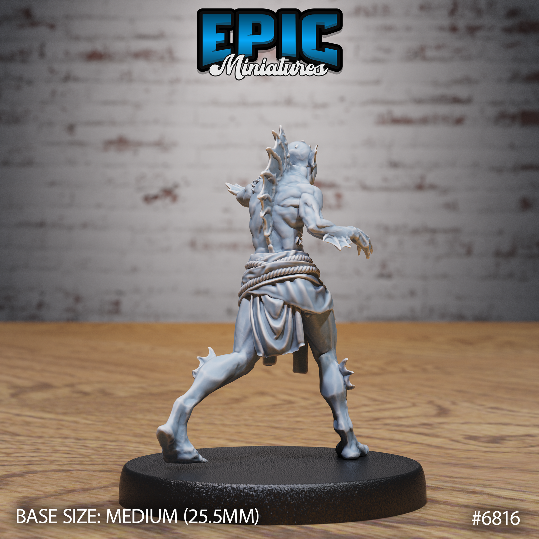 Deep one spawn from behind, bony dorsal spines rising from the skull, webbed clawed hands outstretched, rope-cinched waist, muscular lean frame with leg spurs. Sculpt by Epic Miniatures.