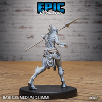 Deep One Spawn miniature by Epic Miniatures, armed variant holding a barbed spear, dynamic combat pose, bony crested head, clawed hands and feet with visible spurs.