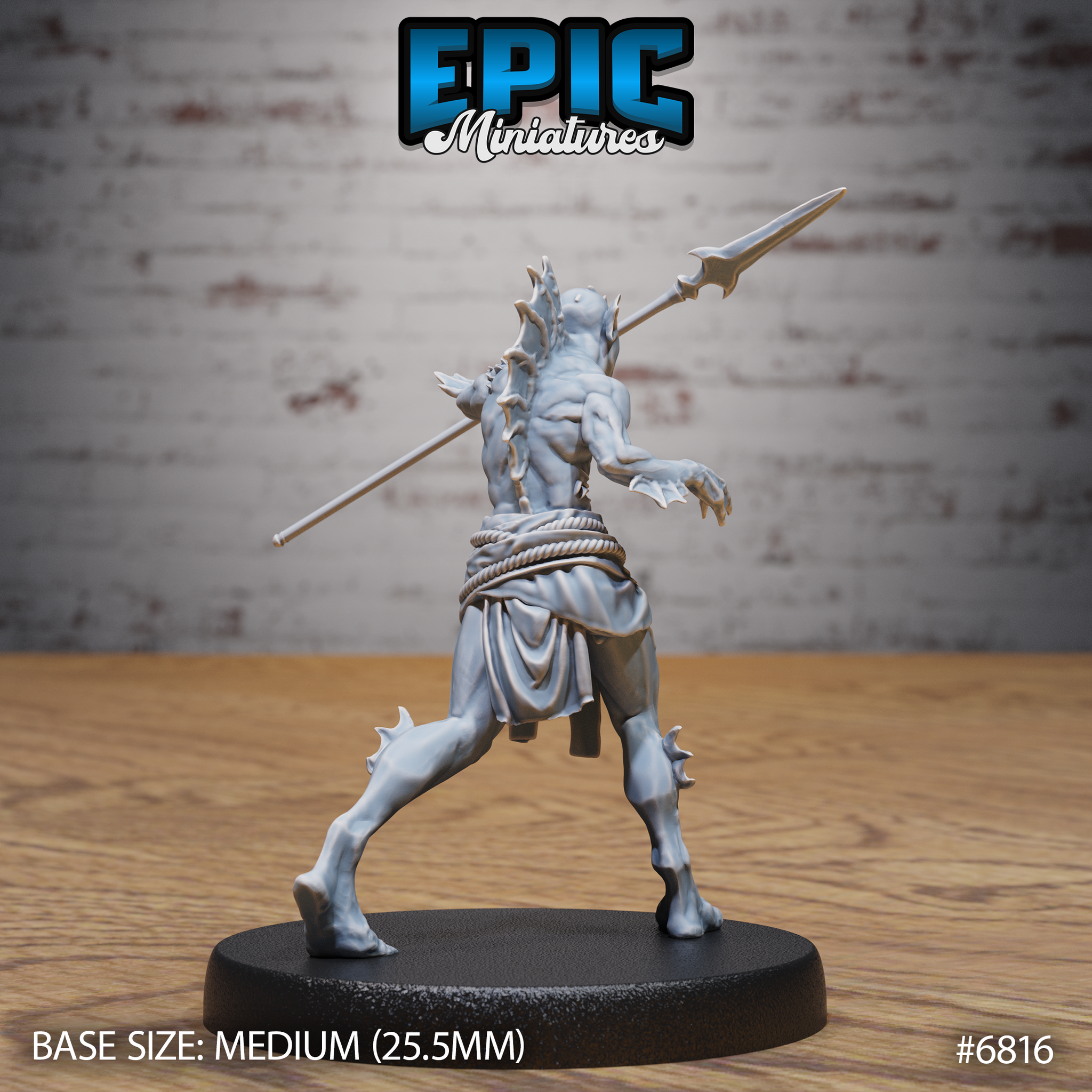 Deep One Spawn miniature by Epic Miniatures, armed variant holding a barbed spear, dynamic combat pose, bony crested head, clawed hands and feet with visible spurs.