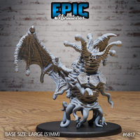 Elder Thing by Epic Miniatures: ribbed barrel-shaped body with geometric armoured belt, wide membrane wings with ragged edges, tentacle legs, and bulbous crown appendages on a large oval base.