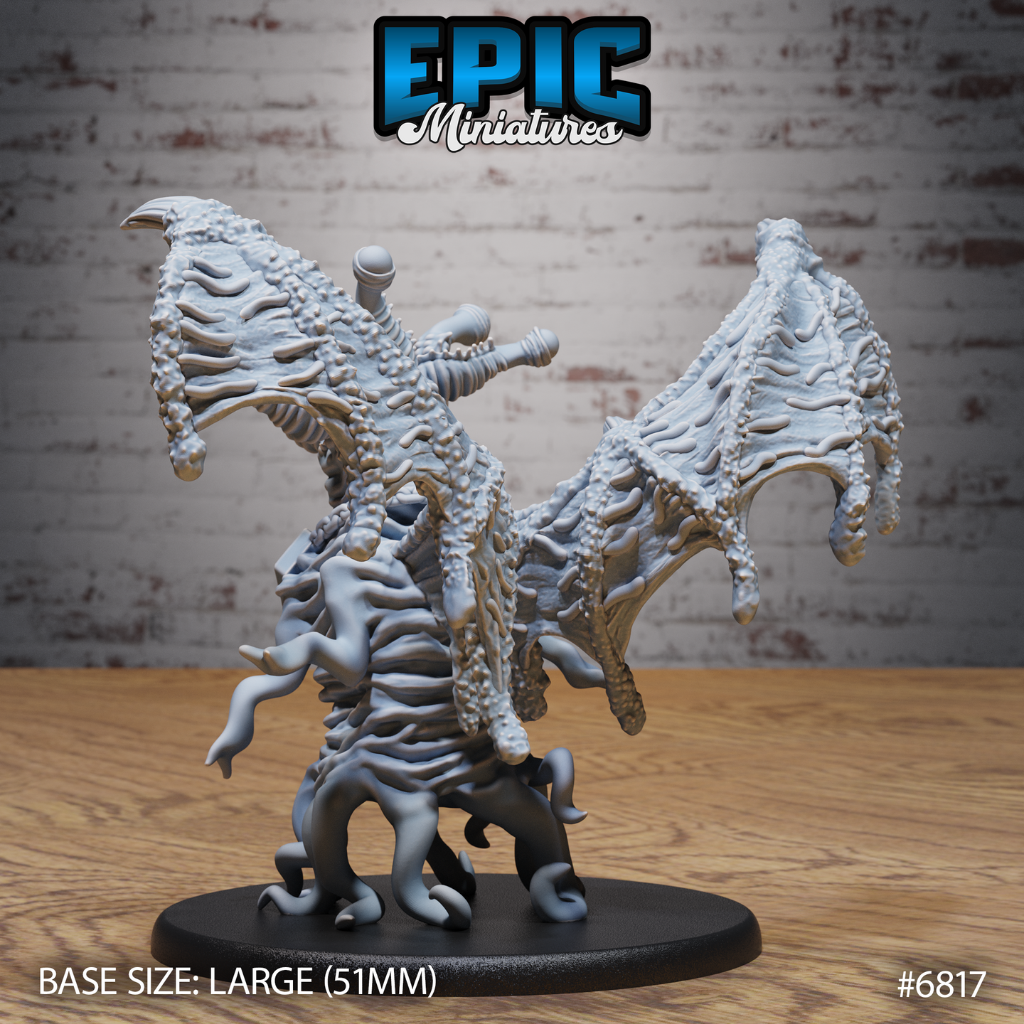 Elder Thing by Epic Miniatures seen from behind: broad striated wings fully spread showing detailed ridge and nodule texture, segmented upper appendages raised, tentacle limbs clustered beneath the torso.