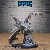 Gaunt robed undead creature raising a spine-studded greatsword, skeletal limbs bursting outward from tattered cloth, hooked tendril arching overhead, skulls and grasping hands on the base. Sculpt by Epic Miniatures.
