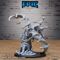 Undead horror with billowing ragged robes and erupting bone protrusions, hunched torso bearing a geometric belt clasp, barnacle-covered tendril sweeping wide, skull and hand remains at its feet. Sculpt by Epic Miniatures.