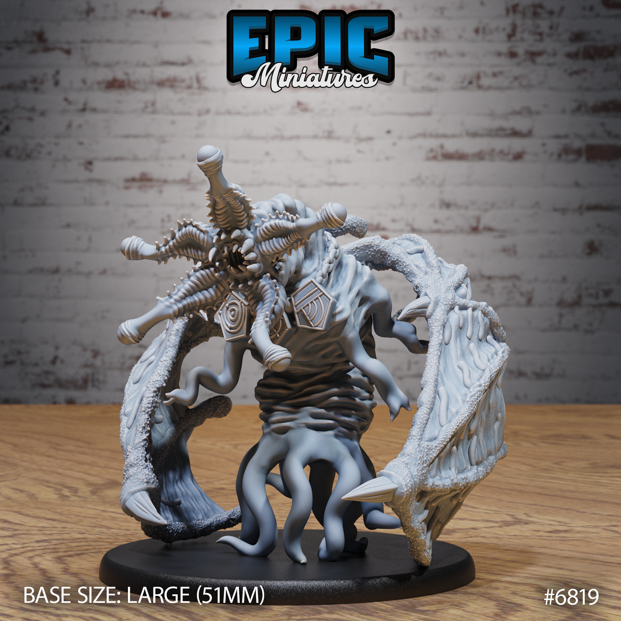Rear-facing view of the Elder Thing Roar sculpt by Epic Miniatures, showing ribbed tentacle arms, bladed appendages, arcane chest sigils, and two large nodule-textured wing fronds on a 51mm oval base.