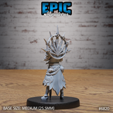 All Seeing Knight by Epic Miniatures — rear view showing the full spread of the spiked iron halo with eye motifs, layered back armour, skull-decorated tabard, and belted skirt with torn hem.