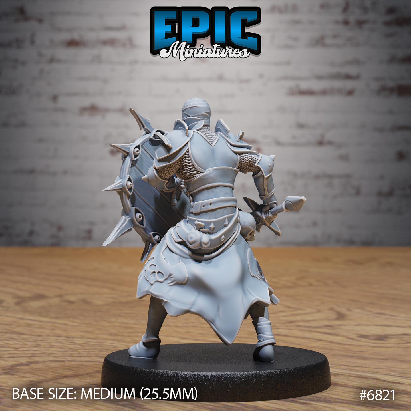 Rear view of armoured knight in plate and chainmail, spiked circular shield raised high, skull motif visible on flowing tabard. Sculpt by Epic Miniatures.